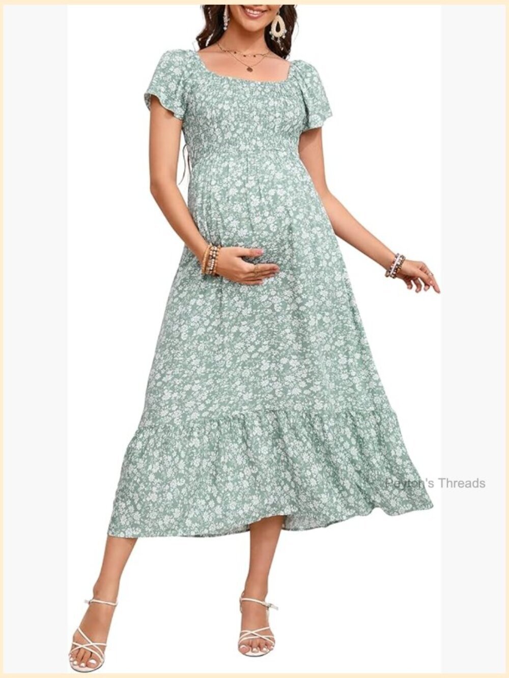 Maternity Dress Summer Ruffle Short Sleeve Square Neck Smocked Midi Baby Shower